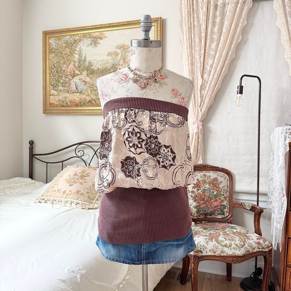Brown Silk Bubble Top  Y2K Bebe size large silk blend brown strapless bubble top